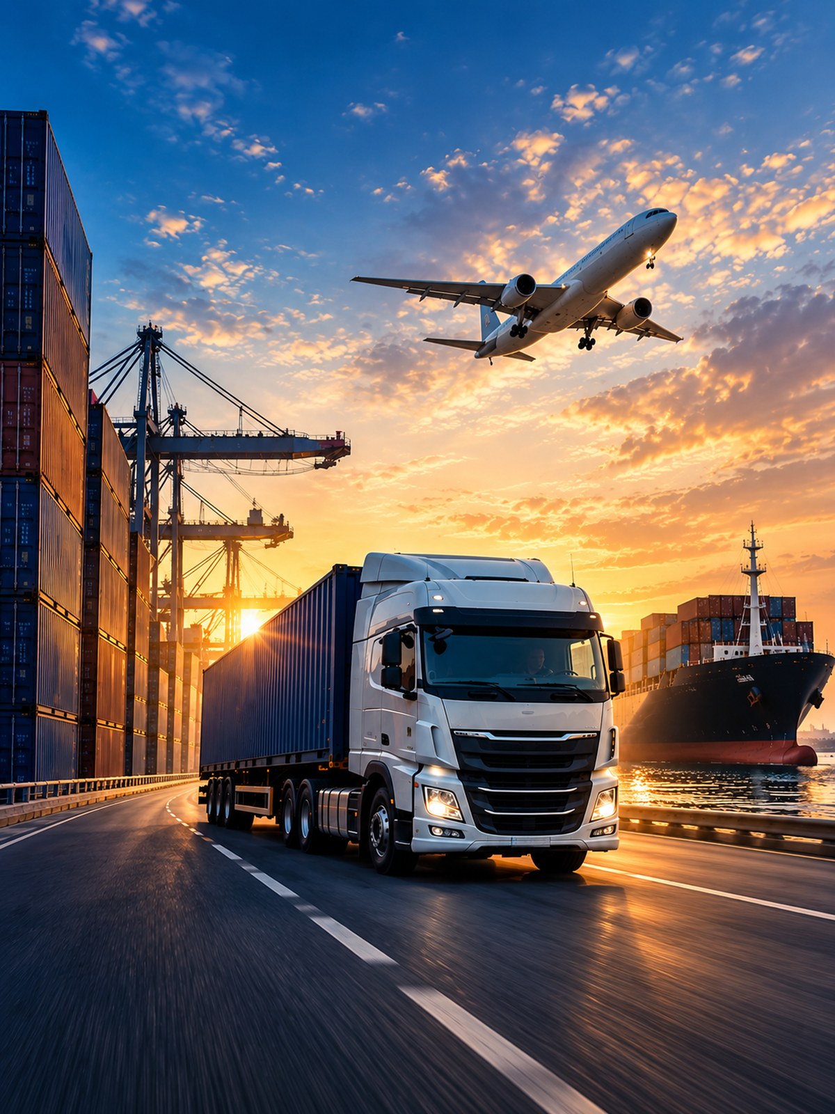 Caminhão de carga em rodovia com avião de carga e navio porta-contêineres ao fundo, representando o transporte multimodal de mercadorias